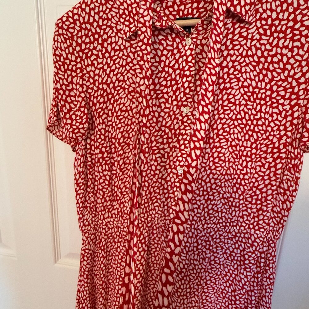 Talbots Red White Leopard Polka Dot Tie-Waist Midi Shirt Dress Size 12 - Picture 4 of 8